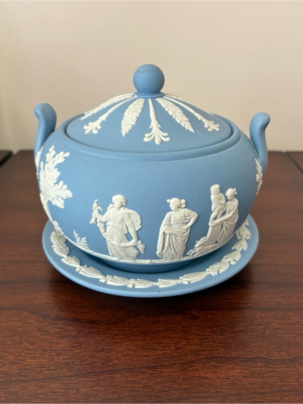 Vintage Wedgwood Blue Jasperware Covered Sugar Bowl with Matching Saucer
